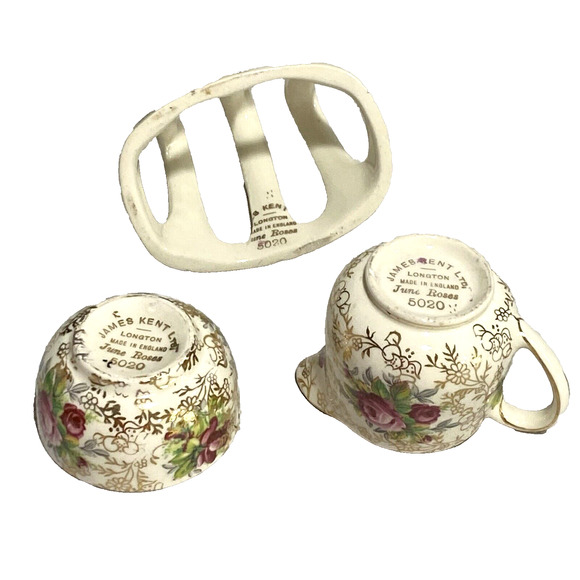 Vintage James Kent Chintz Longton Trellis June Roses Cream Sugar Toast Rack Set - Picture 4 of 9